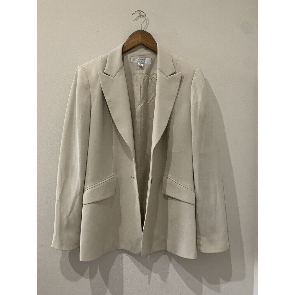 Tahari Womens Blazer Suit Jacket Beige Pockets Stretch Shoulder Pads Size 6
